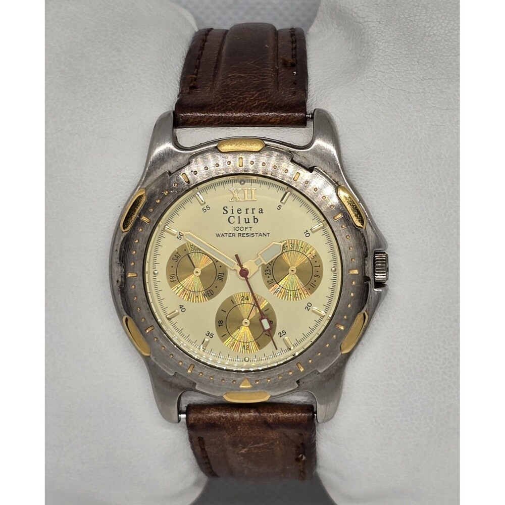 Men's Sierra Club Classic 3 Eye Silver Gold Tone Case Brown Strap Watch 13